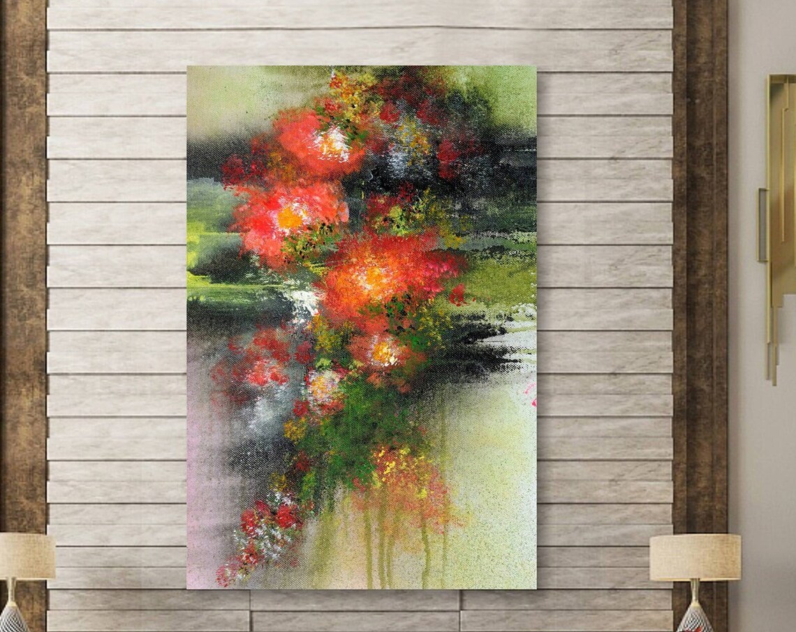 Red and Green Abstract Floral Modern Painting Vibrant Wall Poster - Image 4