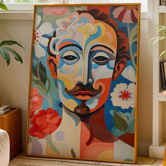 Cubist Floral Portrait of a Mustached Man Colorful Abstract Poster