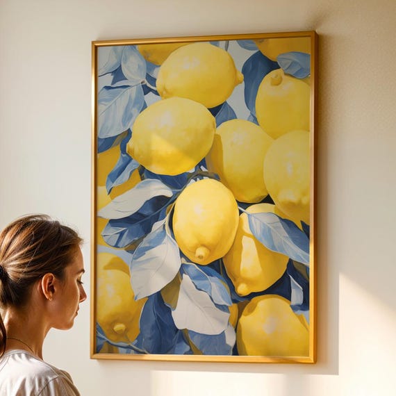 Bright Yellow Lemon Wall Art Bold Fruit For Kitchen Or Dining Room Modern Citrus With Blue Leaves