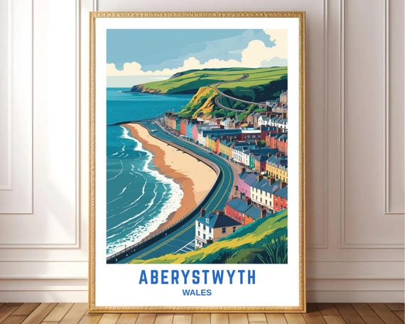 Aberystwyth Wales Travel Poster Coastal Wall Art Print Vintage Style Seaside Illustration Uk Landscape