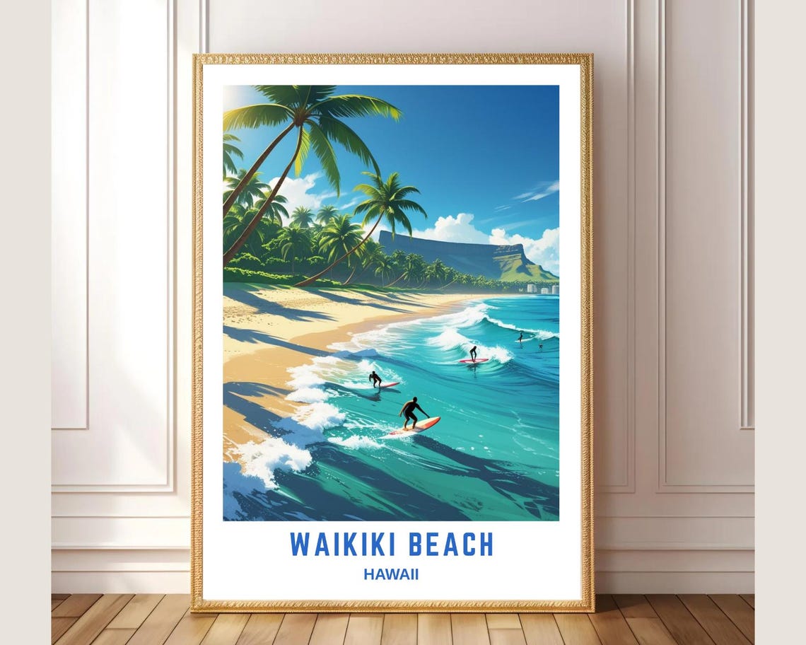 Waikiki Beach Hawaii Surfing Palm Trees Turquoise Wave Sunset Poster