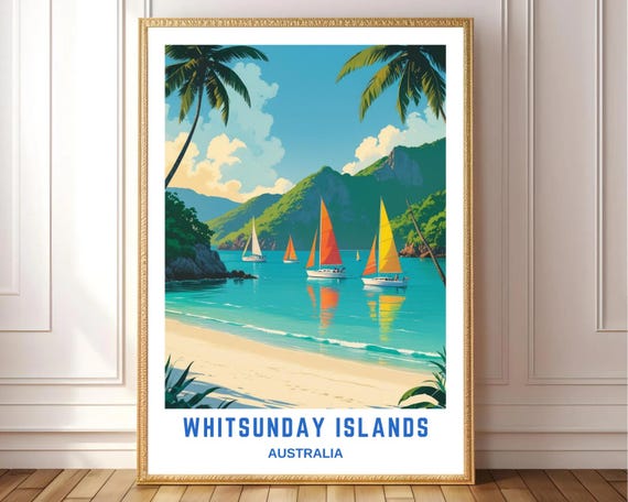 Whitsunday Islands Wall Art Tropical Beach Australia Poster Coastal Landscape Print Sailing Boats Ocean Decor