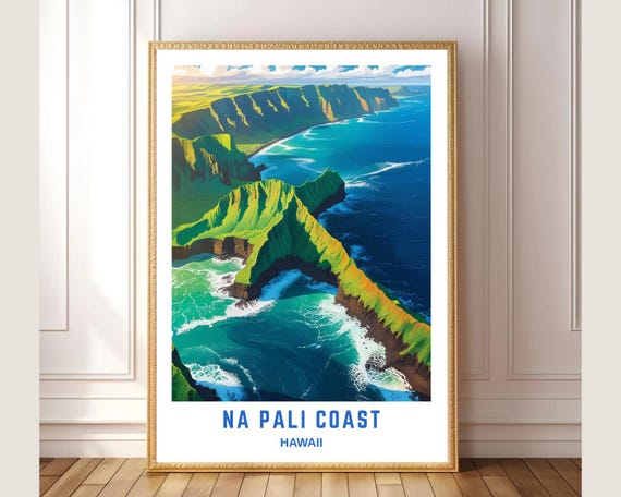 Na Pali Coast Hawaii Wall Art Print Tropical Coastal Landscape Poster Ocean Cliff Scenic Travel Decor Kauai Nature Illustration