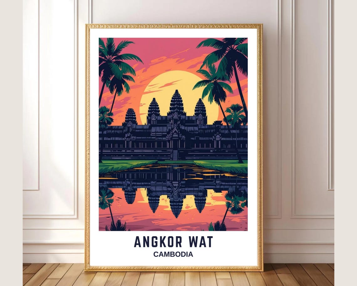 Angkor Wat Cambodia Sunset Temple Palms Reflection Travel Poster