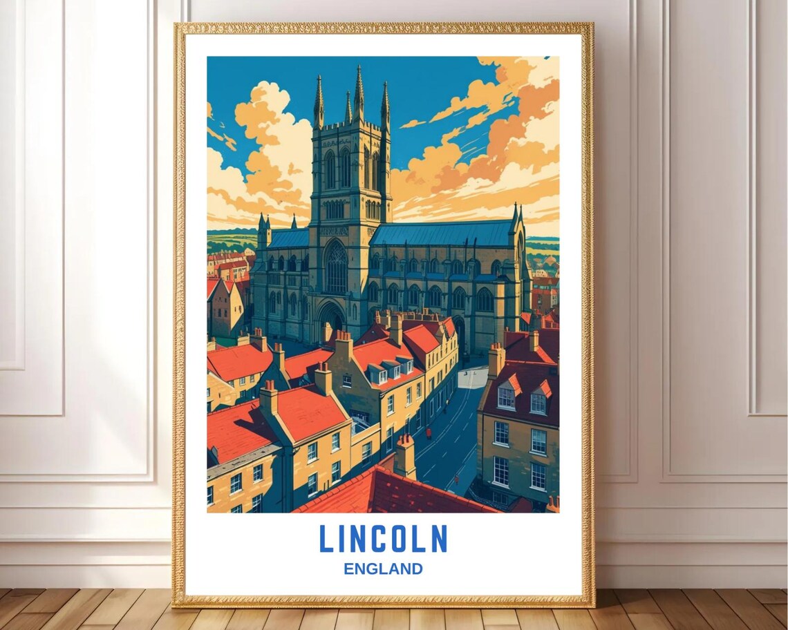 Lincoln England Cathedral Red Rooftop Town Skyline Travel Poster