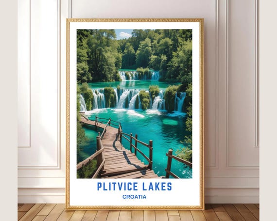 Plitvice Lakes Croatia Travel Poster Scenic Waterfall Landscape Wall Art Turquoise Nature Print Wanderlust Home Decor
