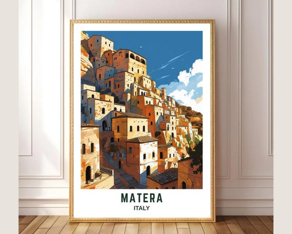 Matera Italy Wall Art Print Colorful Italian Cityscape Poster Mediterranean Travel Decor Historic Architecture Illustration
