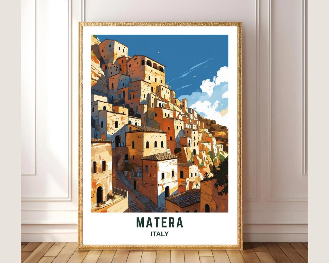 Matera Italy Ancient Stone Cityscape Hill Town Travel Poster