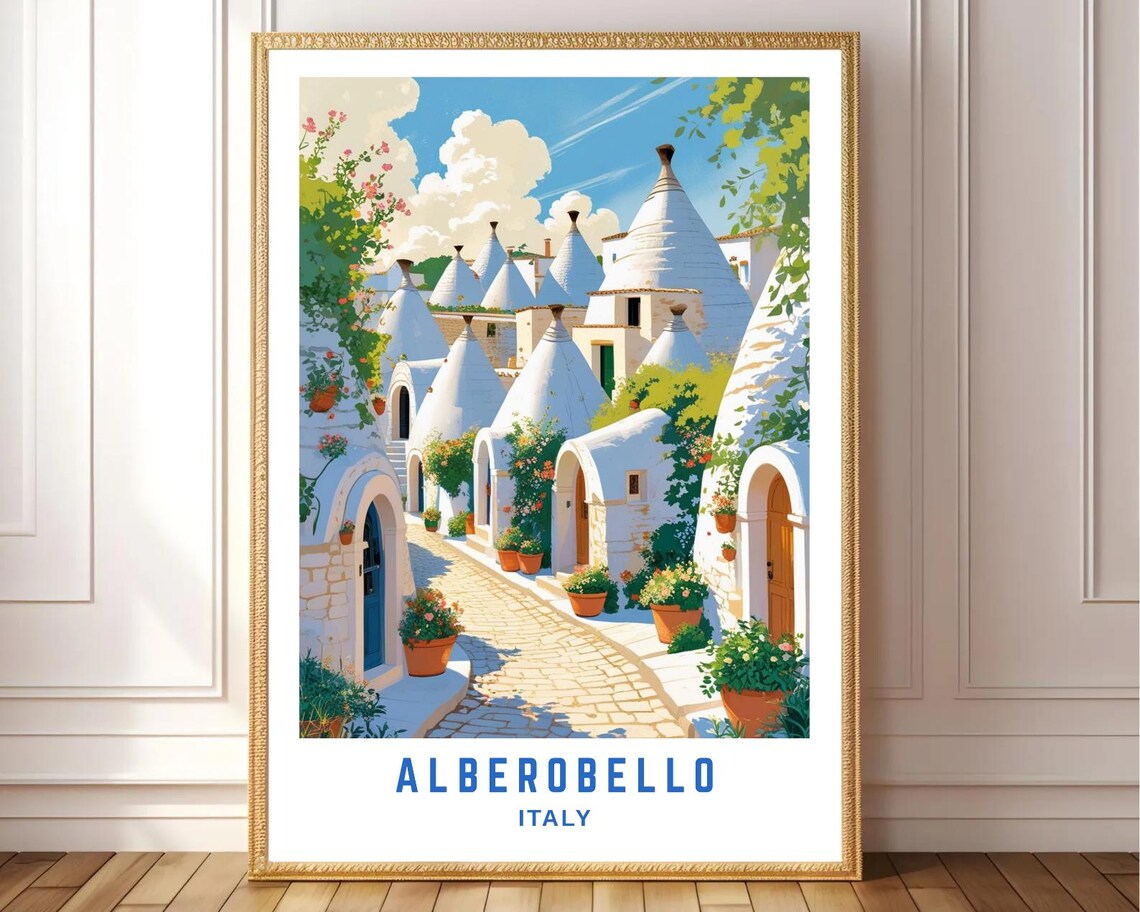 Alberobello Italy Trulli Conical Stone Houses Vintage Travel Poster