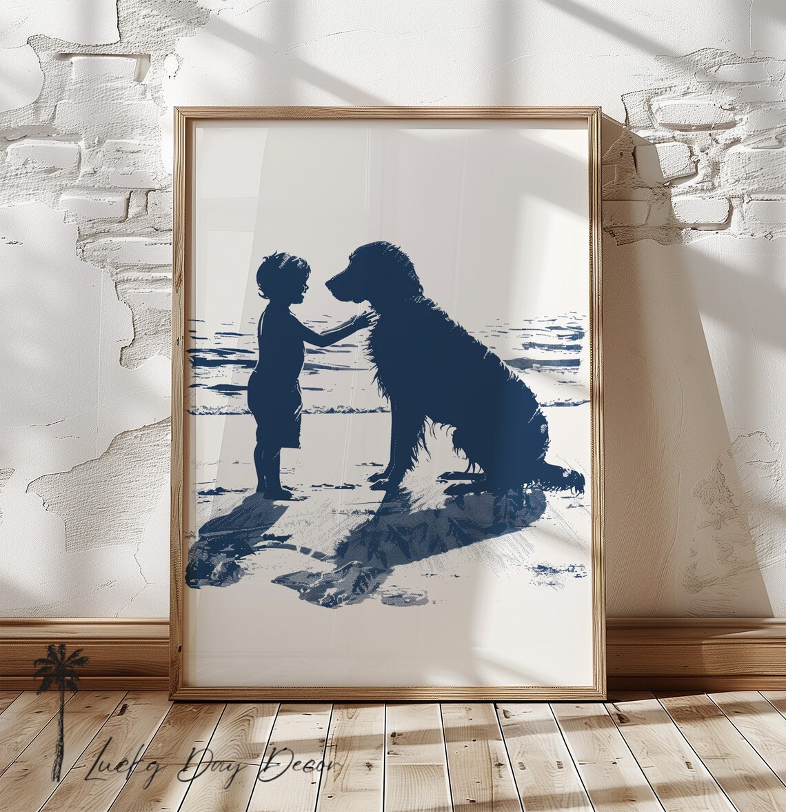 Boy And Golden Dog On Beach Day Navy Blue Silhouette Coastal Art Poster