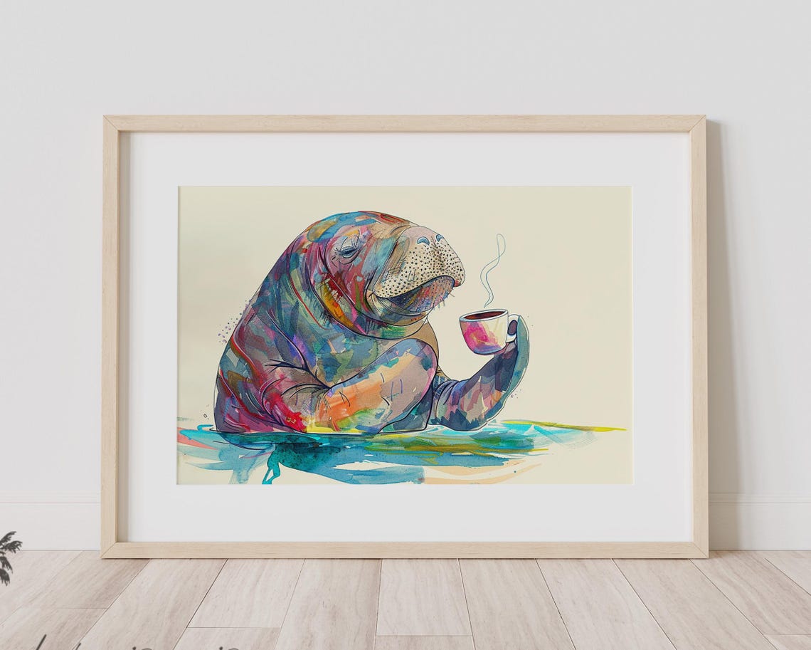 Manatee Morning Coffee Whimsical Colorful Sea Cow Art Poster