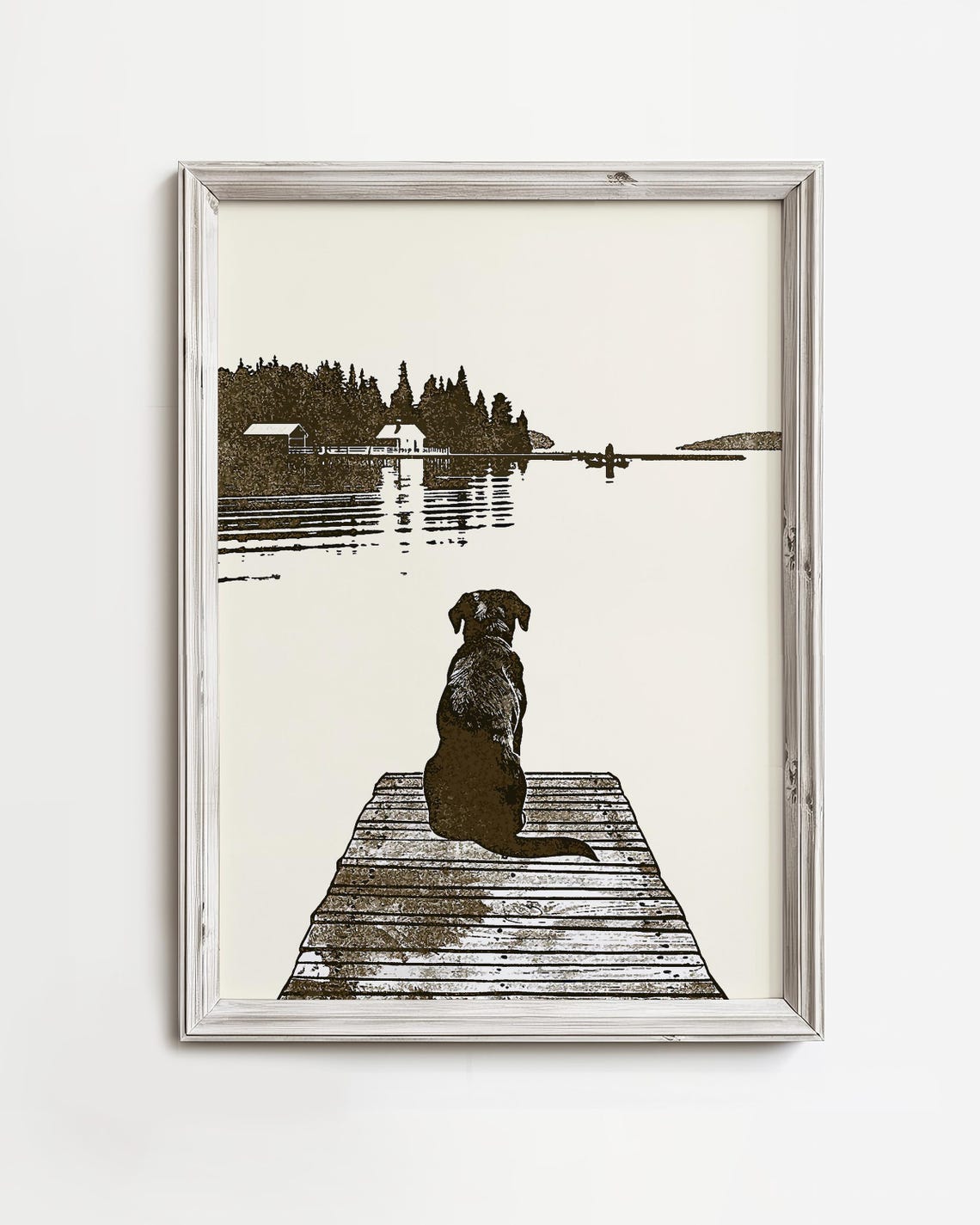 Labrador Sitting On Lake Dock Sepia Ink Sketch Dog Art Poster