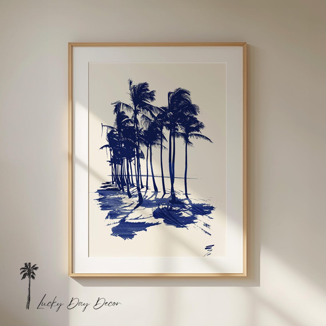 Navy Blue Palm Tree Sketch Minimalist Coastal Beach Wall Art