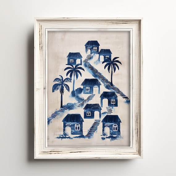 Blue Watercolor Coastal Village Hill Beach Huts Palm Trees Art Print