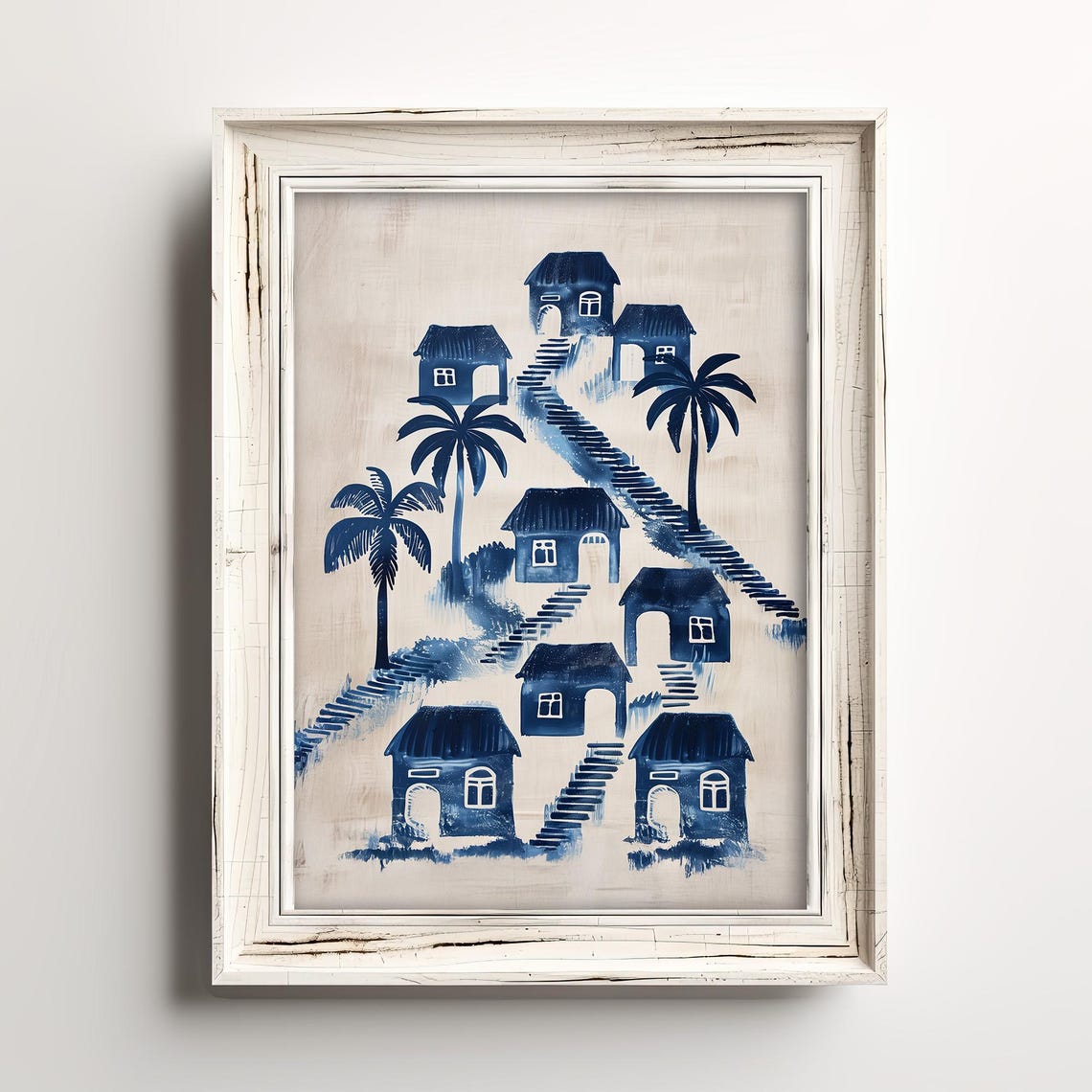 Blue Watercolor Coastal Village Hill Beach Huts Palm Trees Art Print