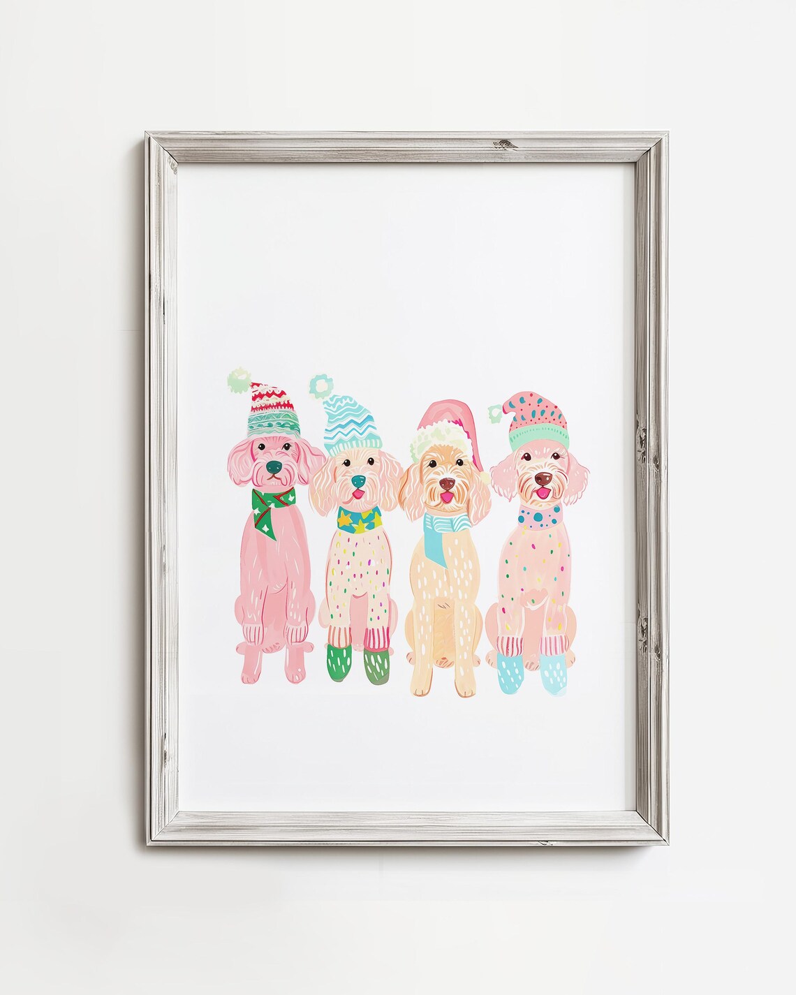 Happy Howlidays Dogs Funny In Sweaters Whimsical Dog Christmas Painting Snowy Seasonal Print Colorful Pastel Art