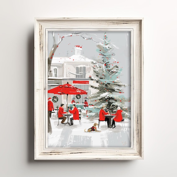 Charming Snowy Street Cafe Winter Morning Coffee Christmas Print
