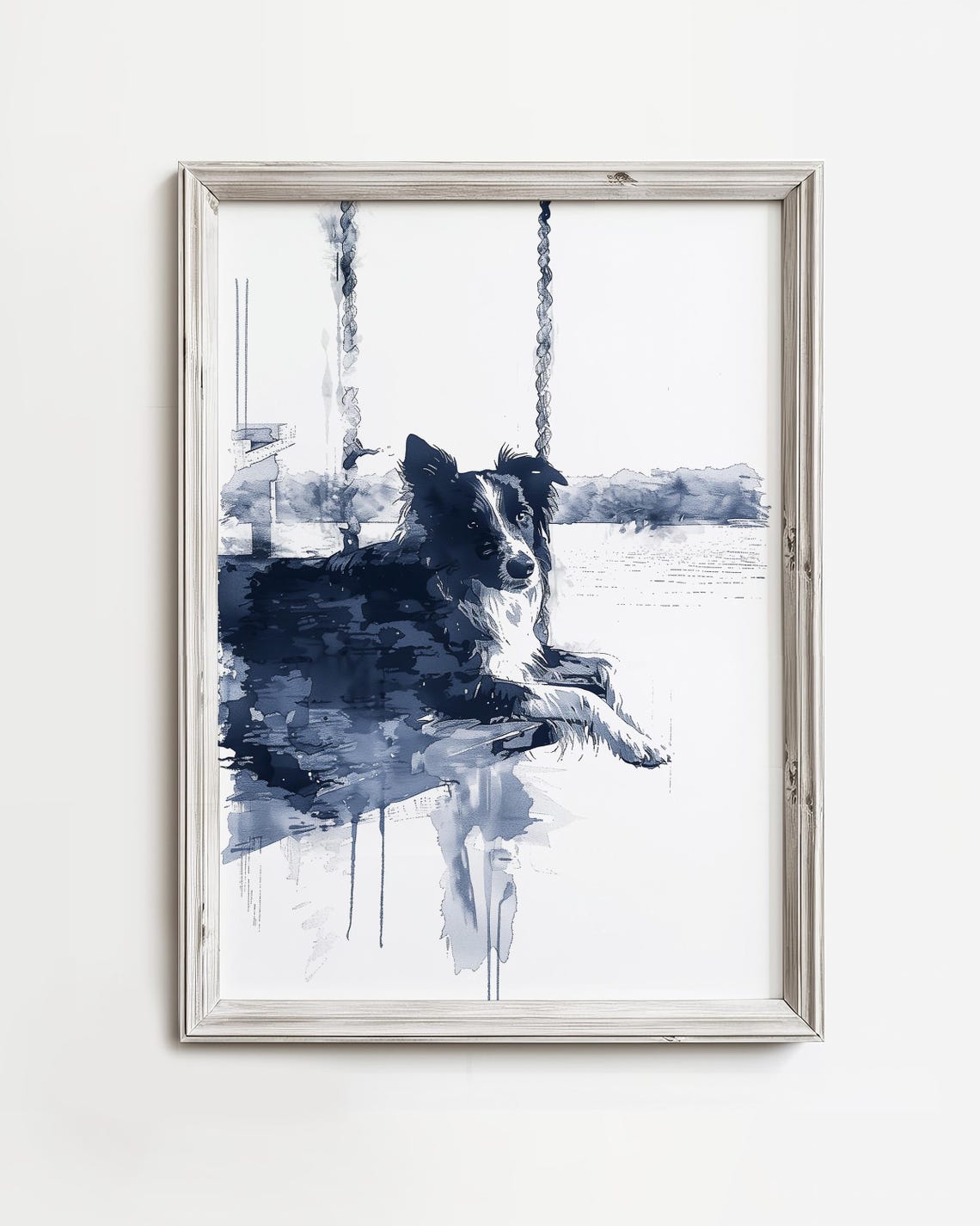 Blue Watercolor Border Collie On Porch Swing Lake View Dog Wall Art