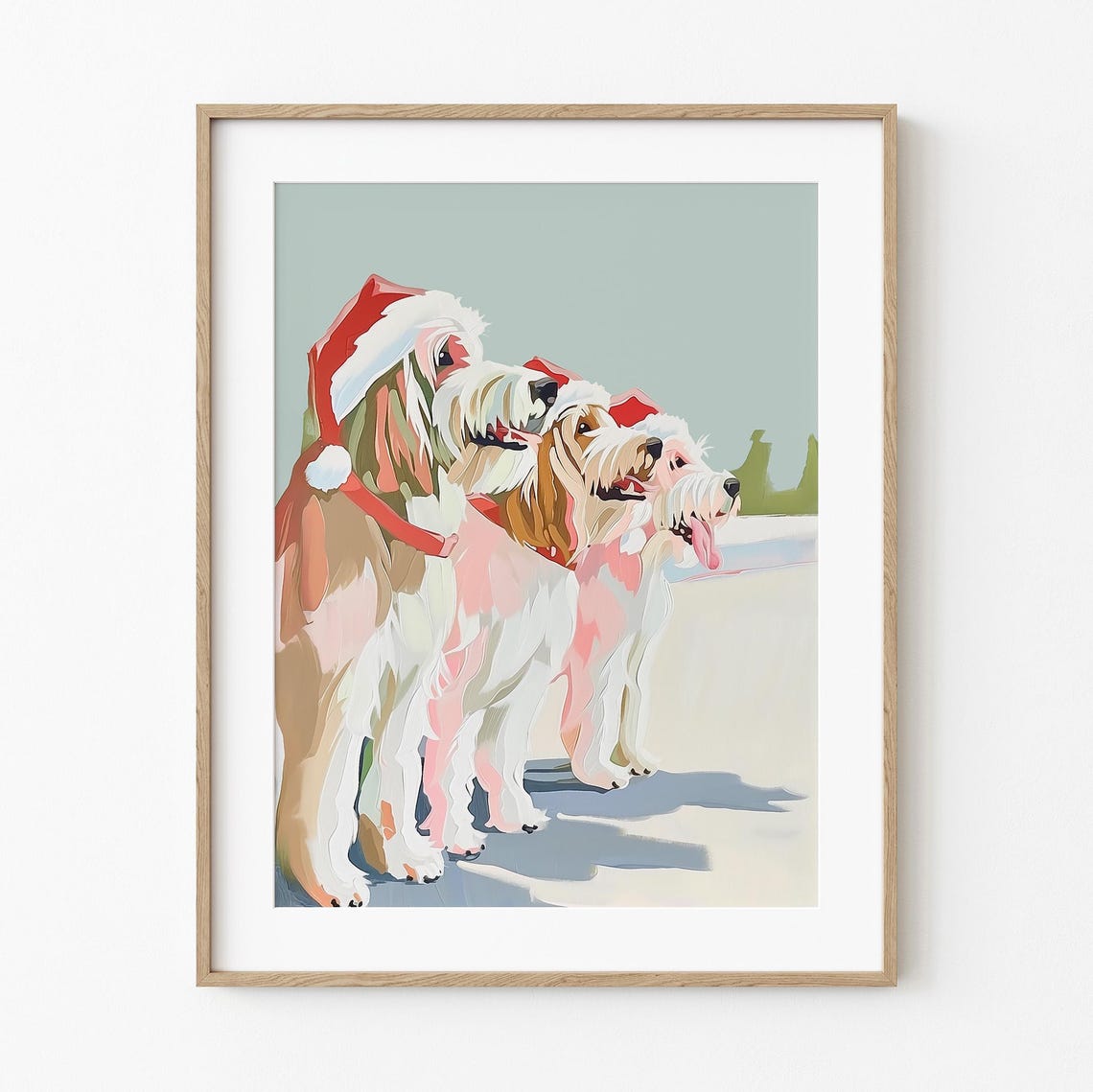 Happy Christmas Dogs In Santa Hats Cute Painting Snow Seasonal Print Colorful Pastel Art Snowy Winter Dog
