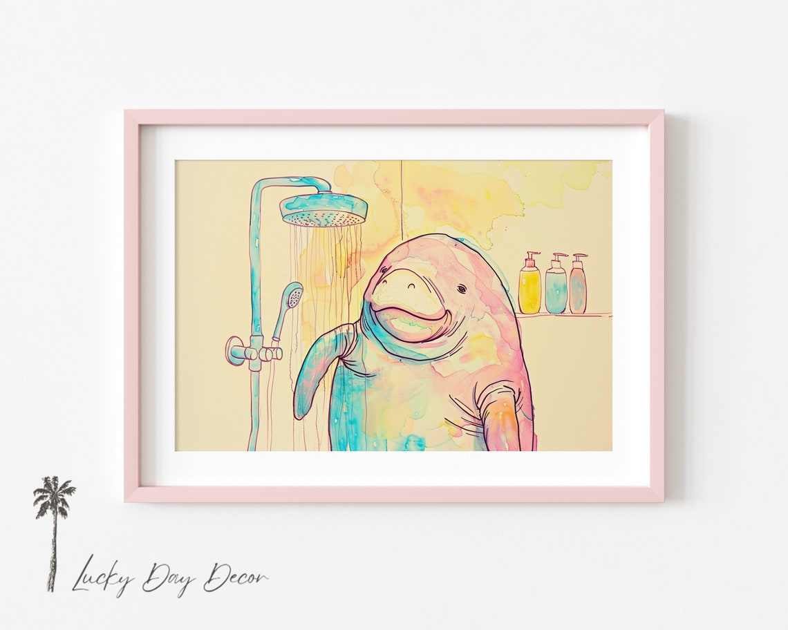 Sea Cow Showering Whimsical Pastel Manatee Bathroom Art Poster