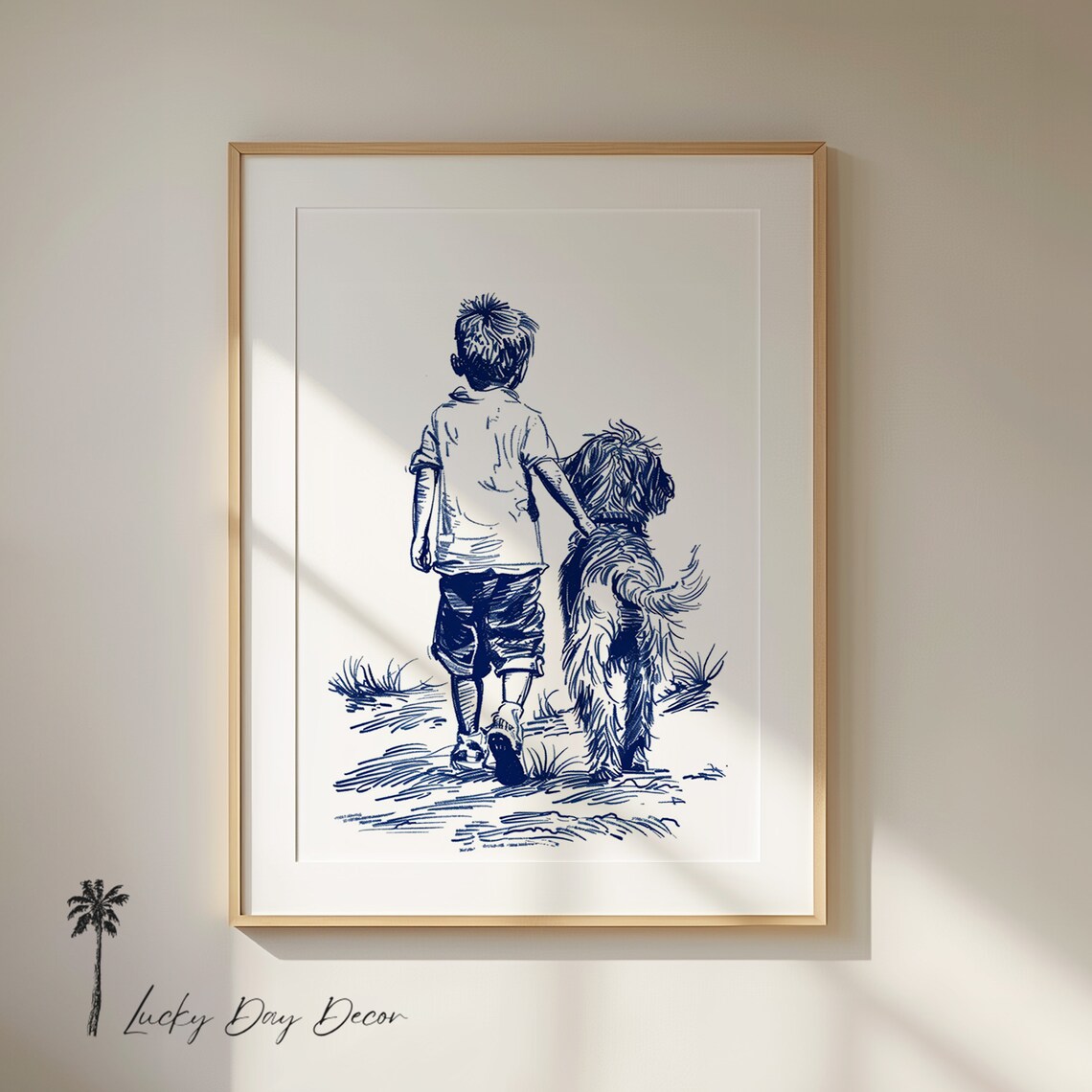 Happy Beach Labradoodle Walking With Boy, Vintage Coastal Art Print
