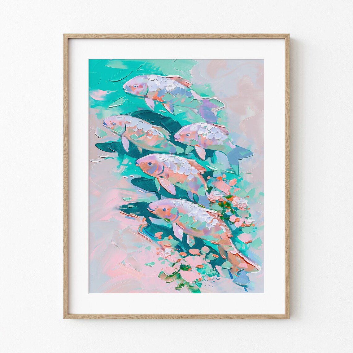 Five Vibrant Pastel Fish Swimming Colorful Sea Life Painting Print