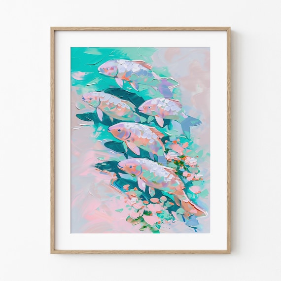 Five Vibrant Pastel Fish Swimming Colorful Sea Life Painting Print