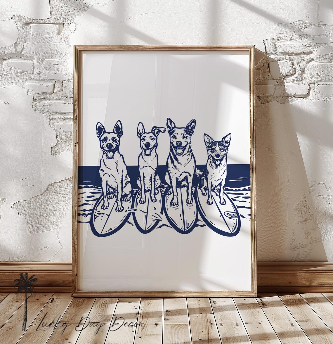 Four Dogs Surfboard Lineup Blue Ink Beach Surf Dog Art Poster