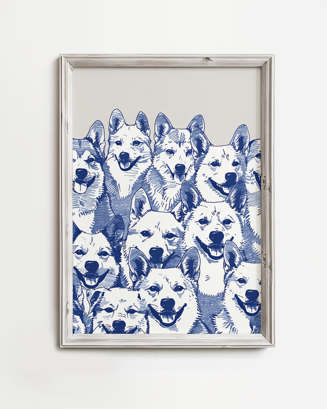 Smiling Shiba Inu Faces Blue Sketch Happy Cute Dog Pack Poster