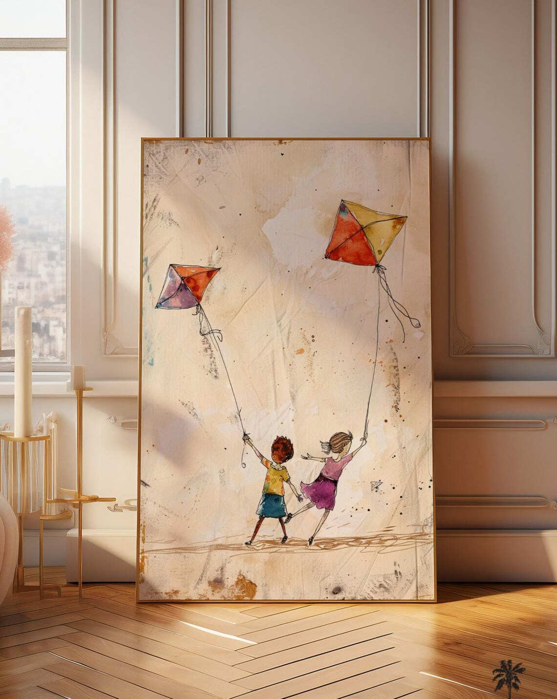 Kids Flying Kites On Beach Art Print, Nursery Decor