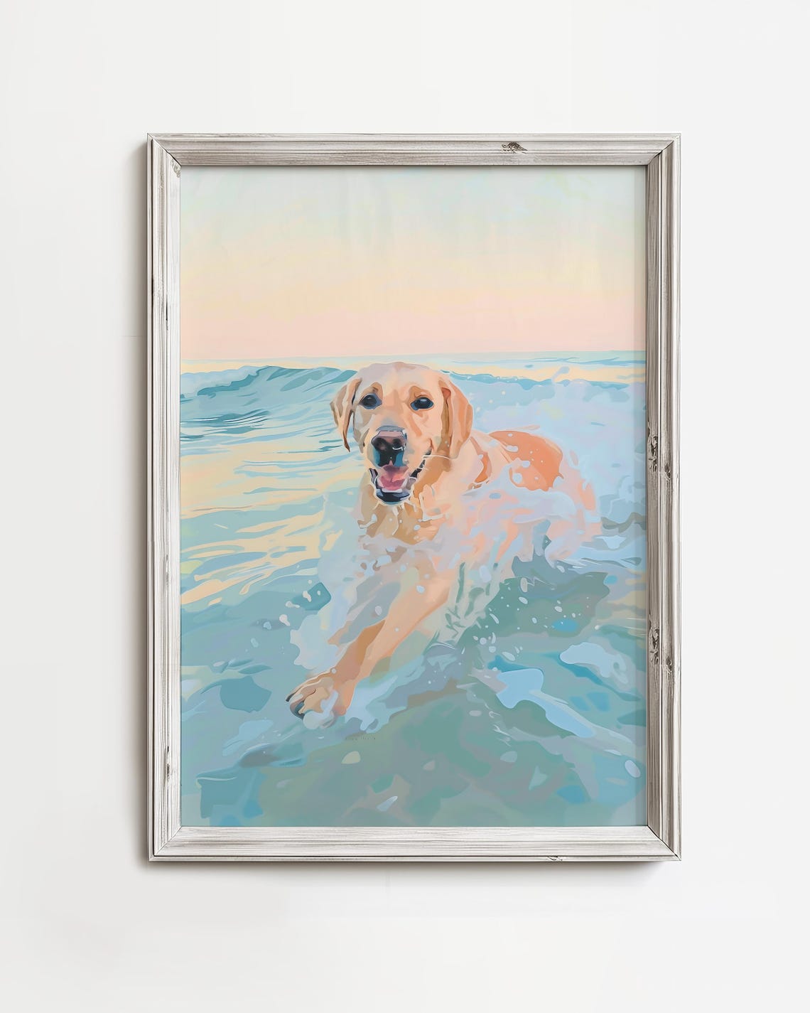 Golden Labrador Splashing in Ocean Waves Sunset Dog Art Print