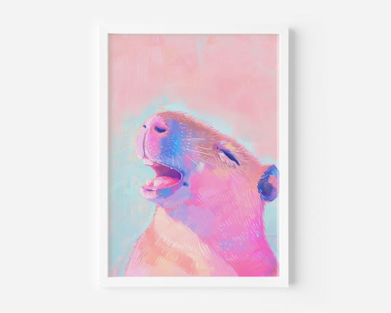 Laughing Capybara Funny Animal Wall Art Pink Pastel Painting Whimsical Cute Colorful Happy