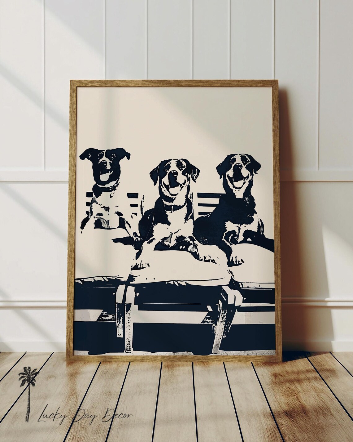 Three Happy Dogs Lounging on Beach Chairs Black Cream Dog Print