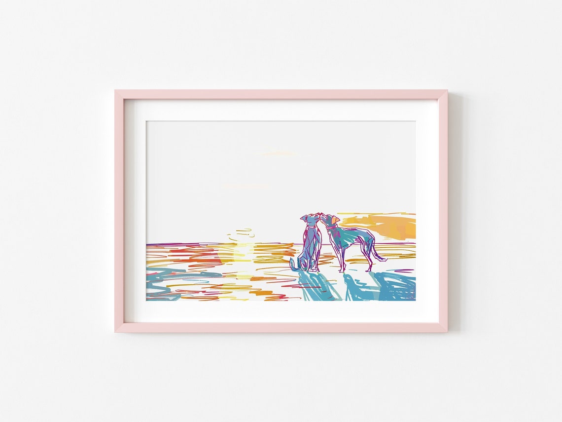 Two Dogs Kissing At Sunset Beach Colorful Line Sketch Art Poster