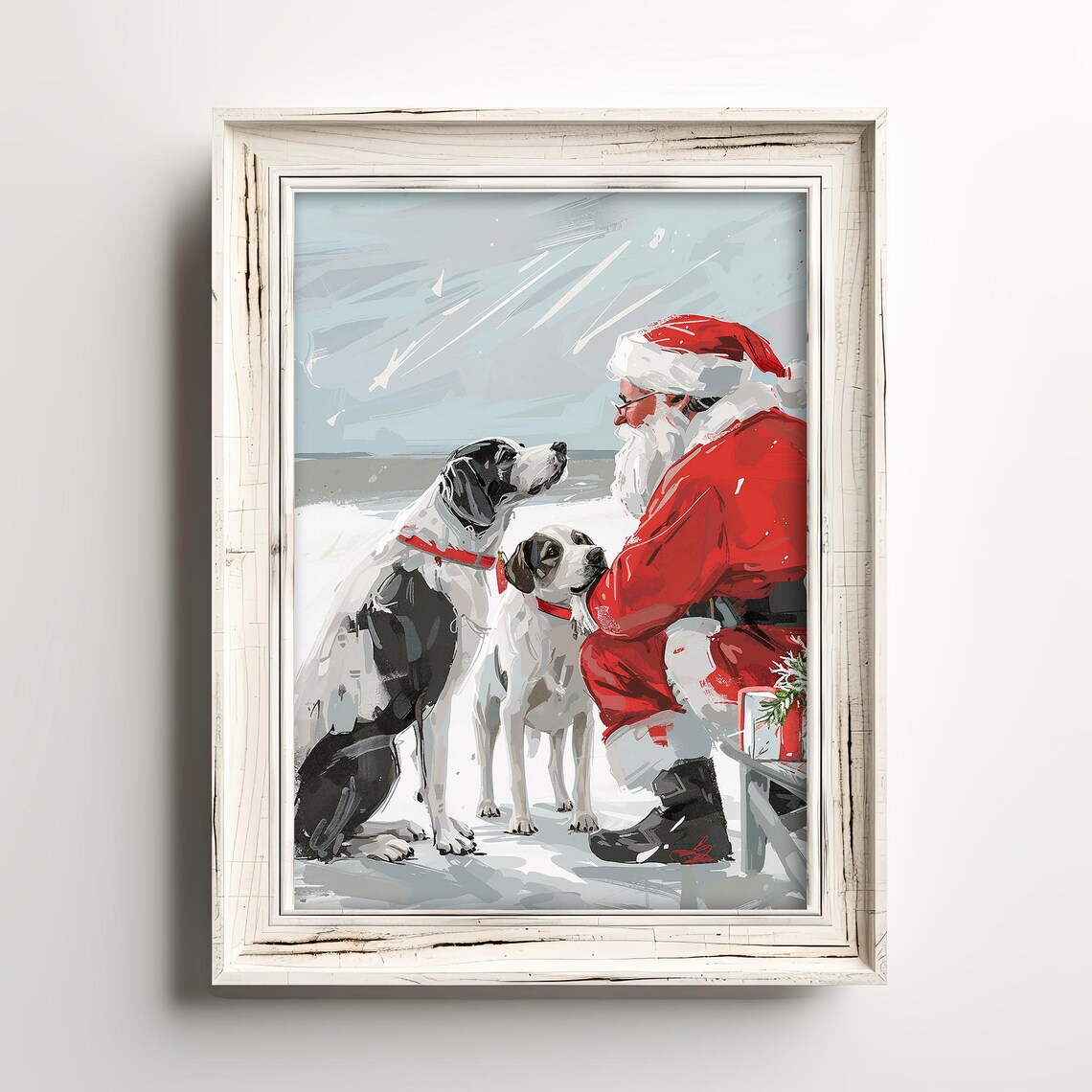 Santa Claus Petting Dogs In Snow Impressionist Christmas Art Poster