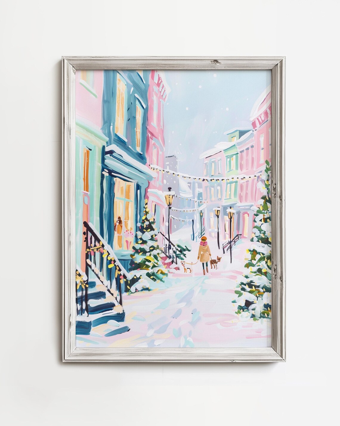 Snowy Winter Street Dog Walk Pastel Pink Christmas Cityscape Poster