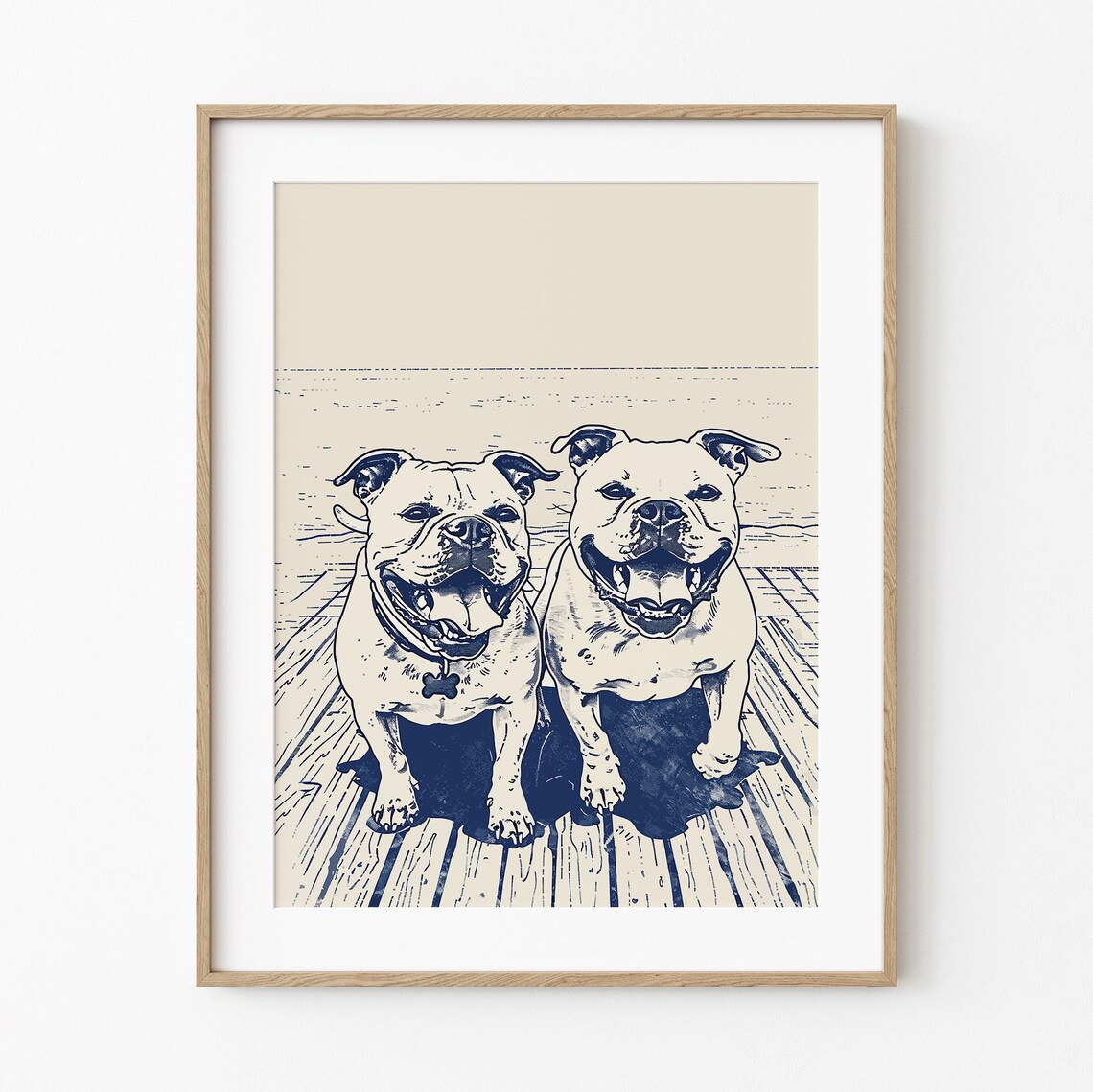 Two Smiling English Bulldogs Boardwalk Navy Sketch Coastal Dog Wall Art