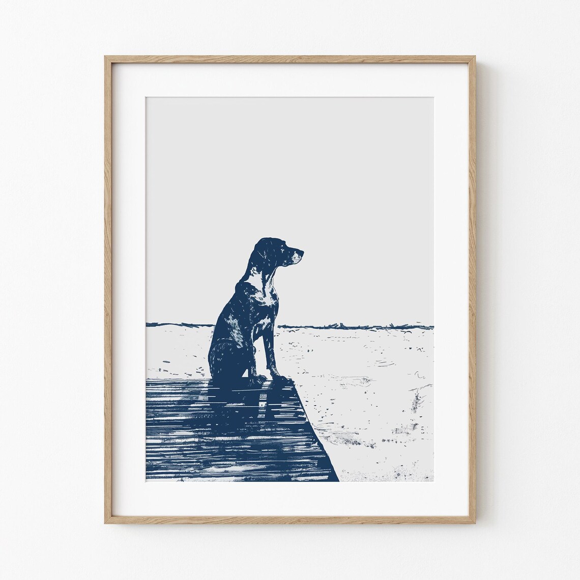 Dog Sitting On Dock Looking At Sea Blue Ink Coastal Sketch Poster