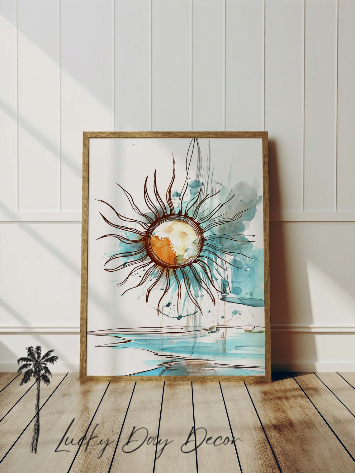 Watercolor Sun Over Sea Wall Art Turquoise Coastal Sunrise Decor
