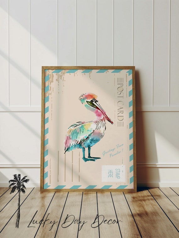Colorful Pelican Postcard Coastal Sea Life Wall Art Beach Themed Decor Lovers Nautical Nursery