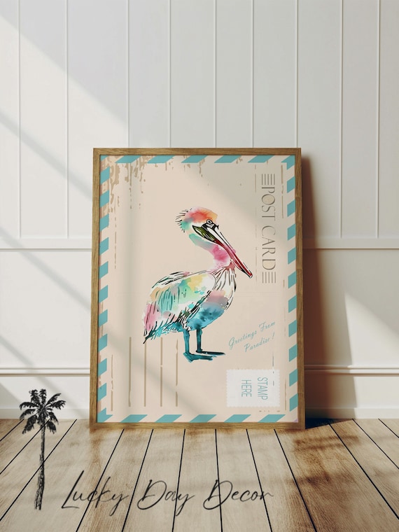 Watercolor Pelican Postcard Greetings From Paradise Coastal Poster