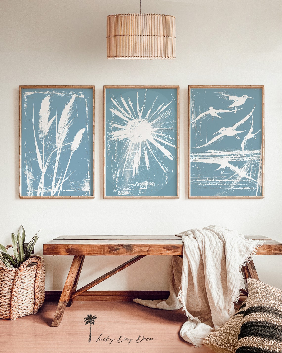 Set Of 3 Coastal Prints Beach Grass Sun Seagulls Turquoise Wall Poster