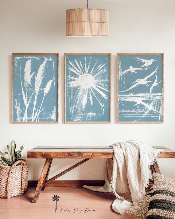 Set Of 3 Coastal Prints Beach Grass Sun Seagulls Turquoise Wall Poster