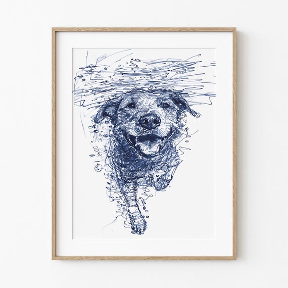 Underwater Labrador Sketch Joyful Simplistic Art Dog Enthusiast Minimalist Wall Decor Navy Blue Line Print