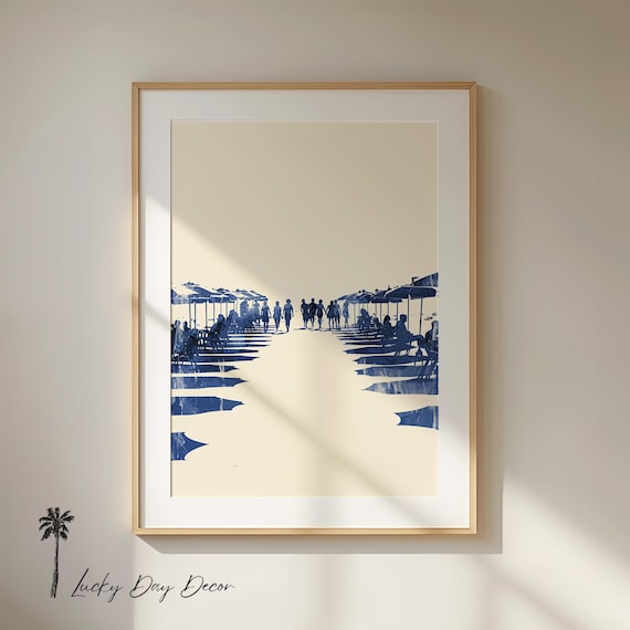 Beach Club Umbrellas Minimalist Blue Coastal Summer Scene Poster
