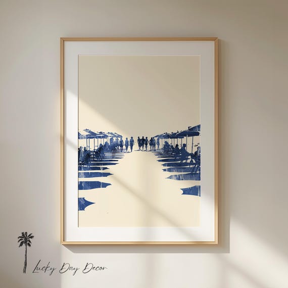 Beach Day Blissful Art Resort Illustration Minimalist Decor Rustic Blue Coastal Sketch Ocean Cottage