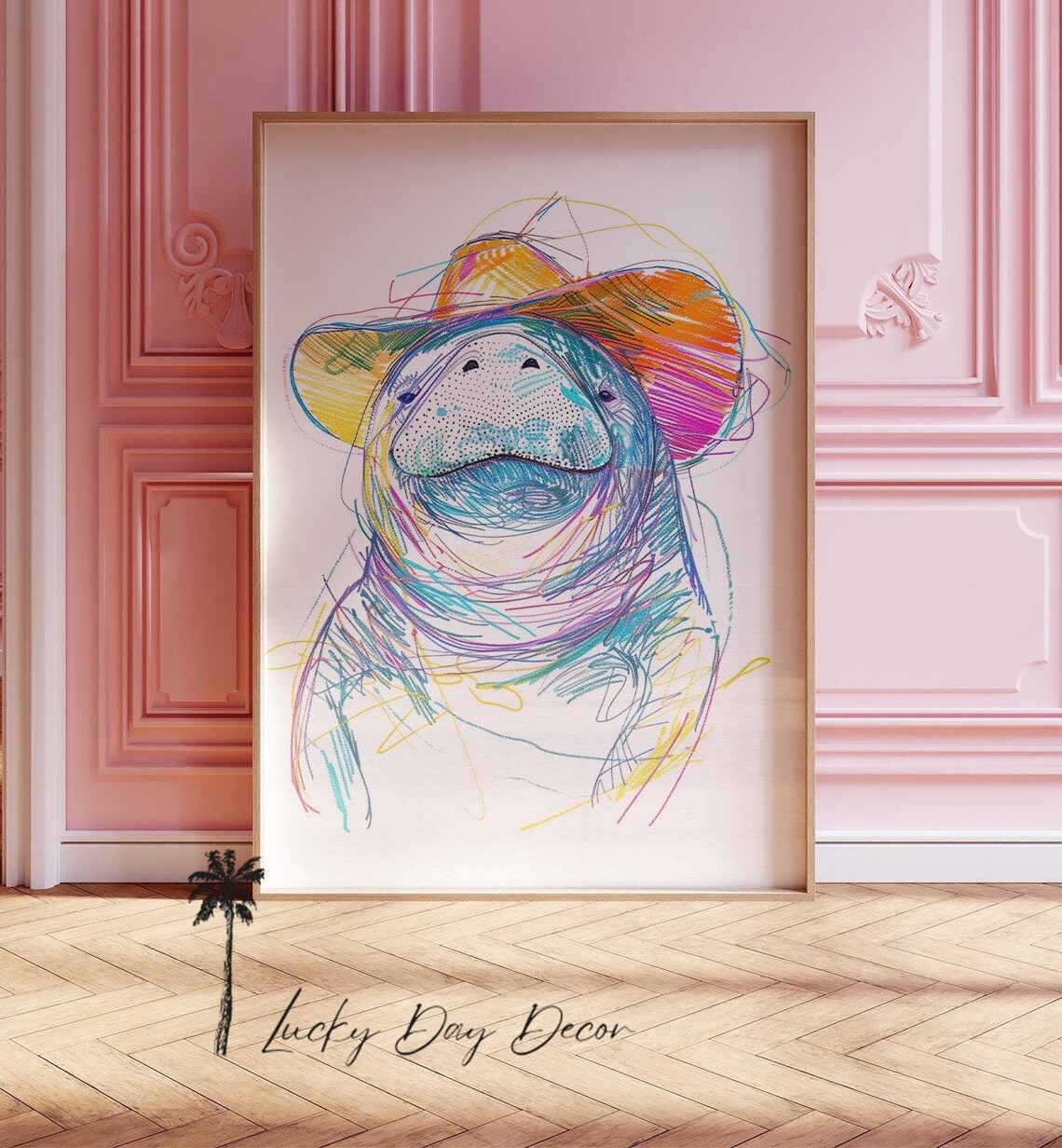 Whimsical Manatee Cowgirl Hat Rainbow Scribble Line Art Poster