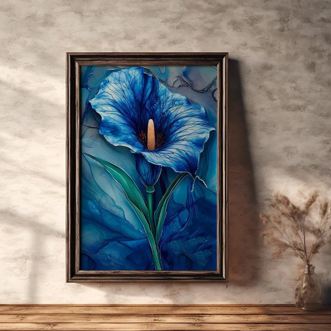 Deep Blue Calla Lily in Alcohol Ink Botanical Painting Poster