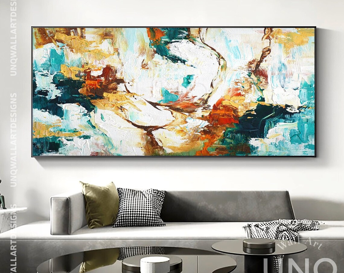 Teal White And Gold Floral Impasto Modern Abstract Oil Painting Poster