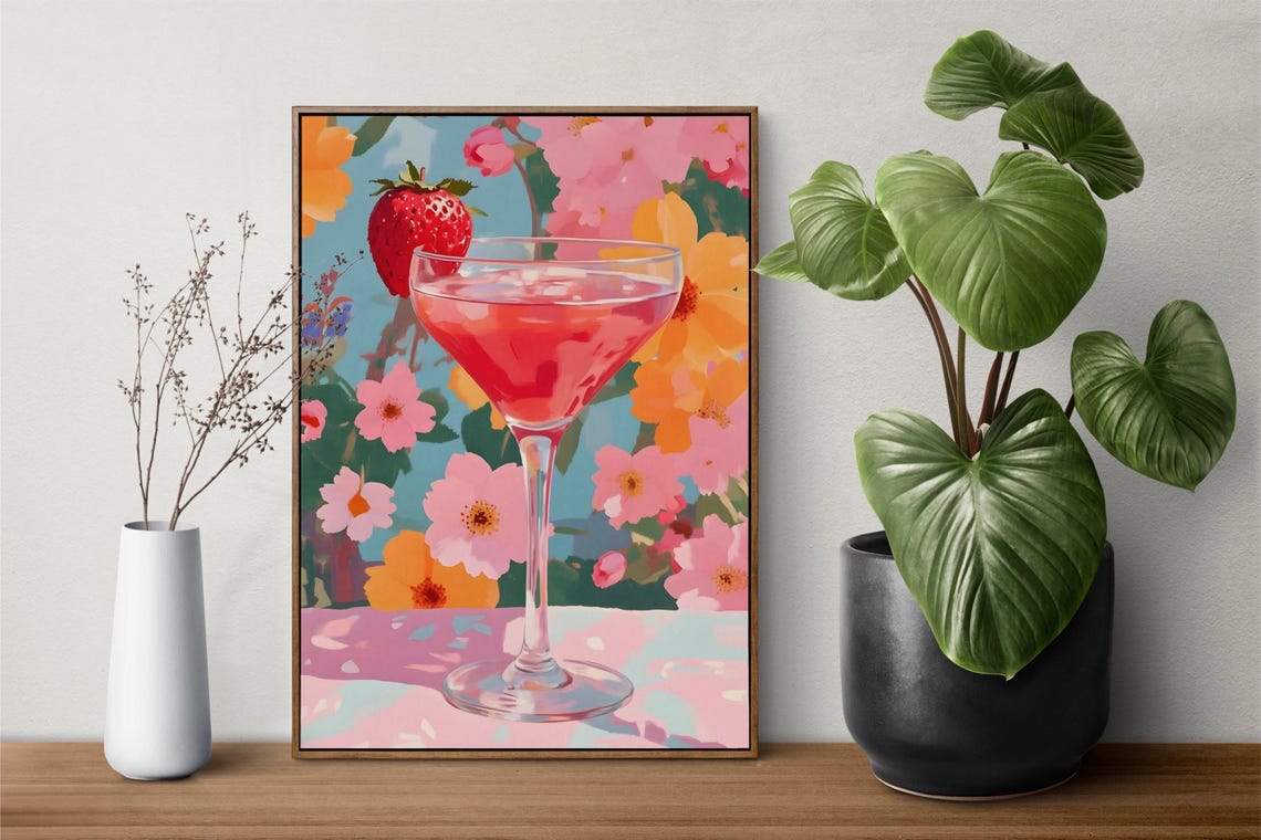 Strawberry Martini Cocktail Glass Bold Floral Summer Wall Art